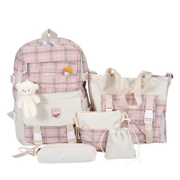 Other - Pink Plaid Backpack and Tote Set